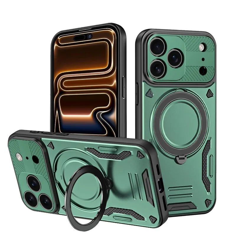 For Magsafe Magnetic Wireless Charging 360°Rotating Metal Stand Armored Phone Case For iPhone 16 15 11 12 13 14 17 Pro Max Cover
