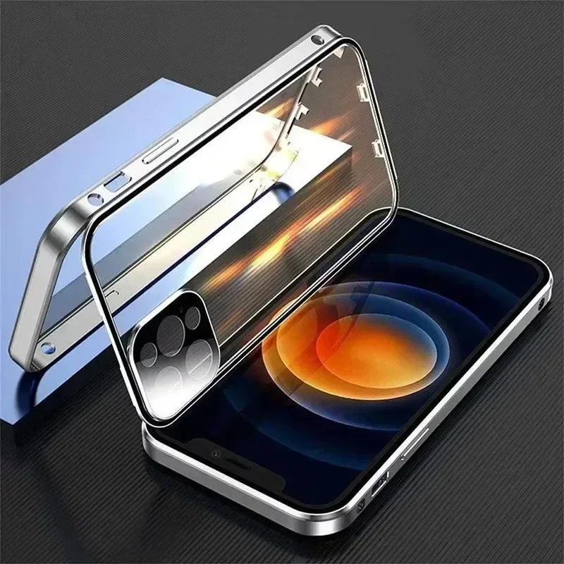 Metal Magnetic Double-Sided Buckle Glass Case For iPhone 16 15 14 13 12 Pro Max Plus 360° Full Cover Protection Shockproof Cover