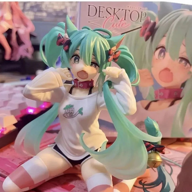 Hatsune Miku Model Anime Girl Figures Cat Ear Sitting Posture Short Sleeved Pajamas Figurines Car Decoration Doll Kids Toys Gift