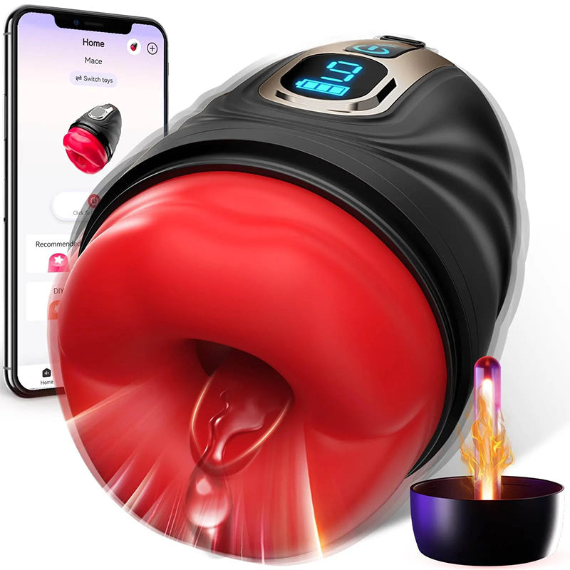 Smart APP Control 9 Vibrating Heating Male Masturbator with LCD Lips Sex Toy