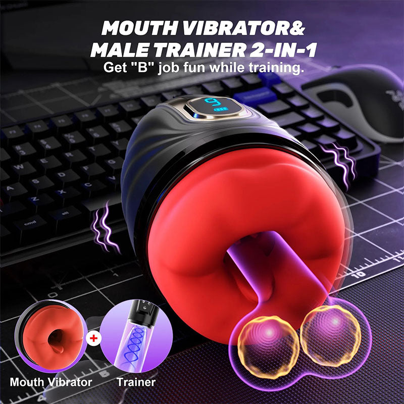 Smart APP Control 9 Vibrating Heating Male Masturbator with LCD Lips Sex Toy