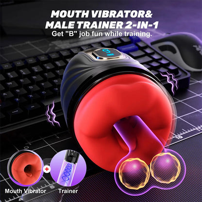 Smart APP Control 9 Vibrating Heating Male Masturbator with LCD Lips Sex Toy