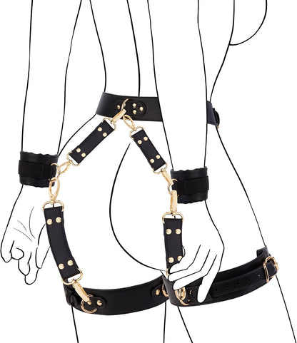 Sex Bondage BDSM Kit Restraints 6PCS Sets with Adjustable Handcuffs Ankle Cuff Thigh Cuffs Blindfold Cross Strap Waist Strap Adult SM Games Sex Toys for Men Women and Couples
