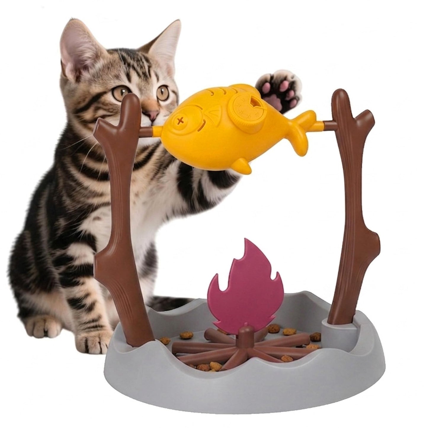 Cat Slow Feeder, Interactive Cat Puzzle Toy Treat Dispenser - BBQ Campfire Grill Design, Adjustable Rotating Roast Fish Flame Mental Stimulation Food Dispensing Toy for Indoor Cats Kittens