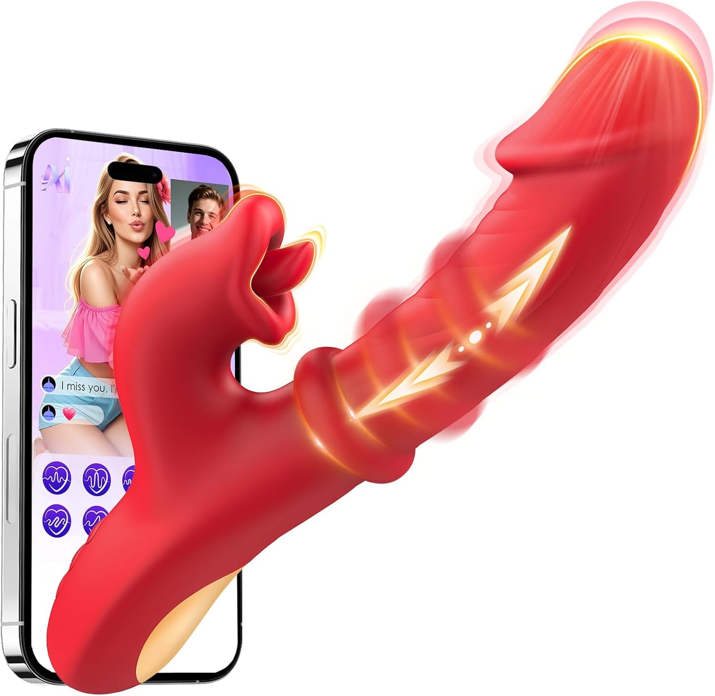 Thrusting Vibrator for Women, G Spot & Rabbit Sex Toy | 7 Thrusting Dildo Modes 10 Tongue Licking Vibration, Sliding Ring Stimulation, Soft Silicone, USB Rechargeable, AI Sync Game