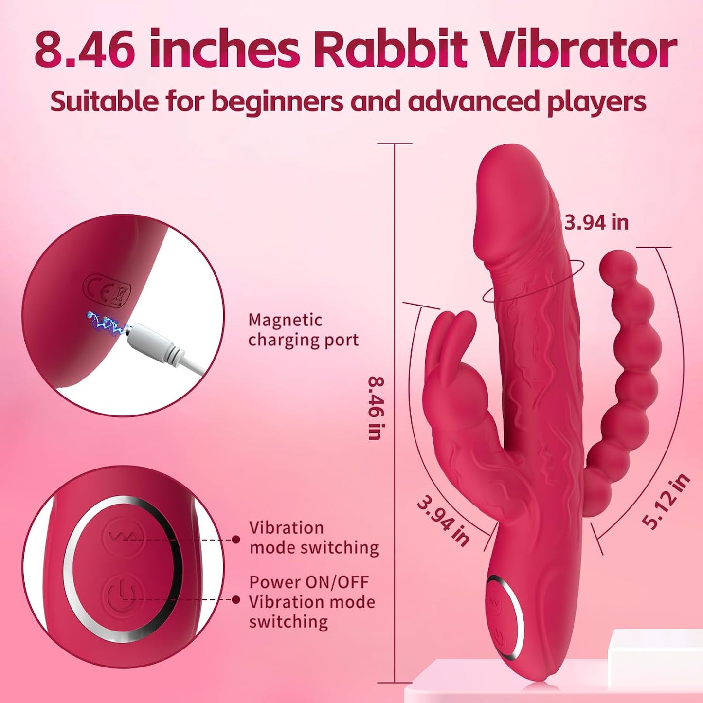 Rabbit G Spot Dildo Vibrator Adult Sex Toys for Women, 3 in 1 Vaginal Anal Beads Clitoris Double 10 Vibration Modes Silicone Nipple Stimulator Massager for Female Couple Play & Games (Rose Red)