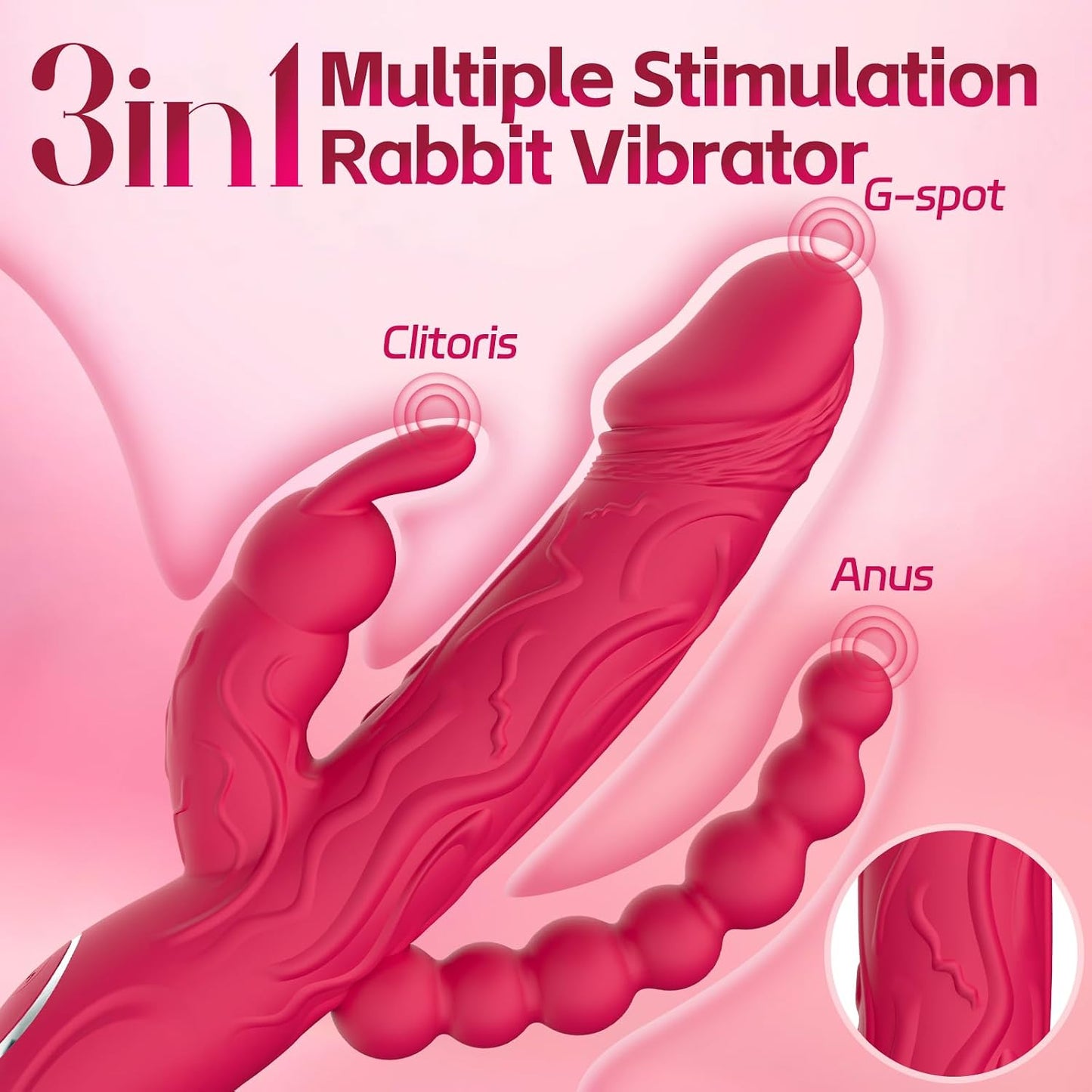Rabbit G Spot Dildo Vibrator Adult Sex Toys for Women, 3 in 1 Vaginal Anal Beads Clitoris Double 10 Vibration Modes Silicone Nipple Stimulator Massager for Female Couple Play & Games (Rose Red)
