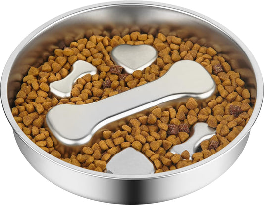 Novery Slow Feeder Dog Bowl - 2 Cups Stainless Steel Dog Slow Feeder Food Bowl, Metal Non-Slip Lick Plate,Puppy or Cat Food Holder,Pet Supplies,Puzzle Maze Dish for Medium Sized Breeds