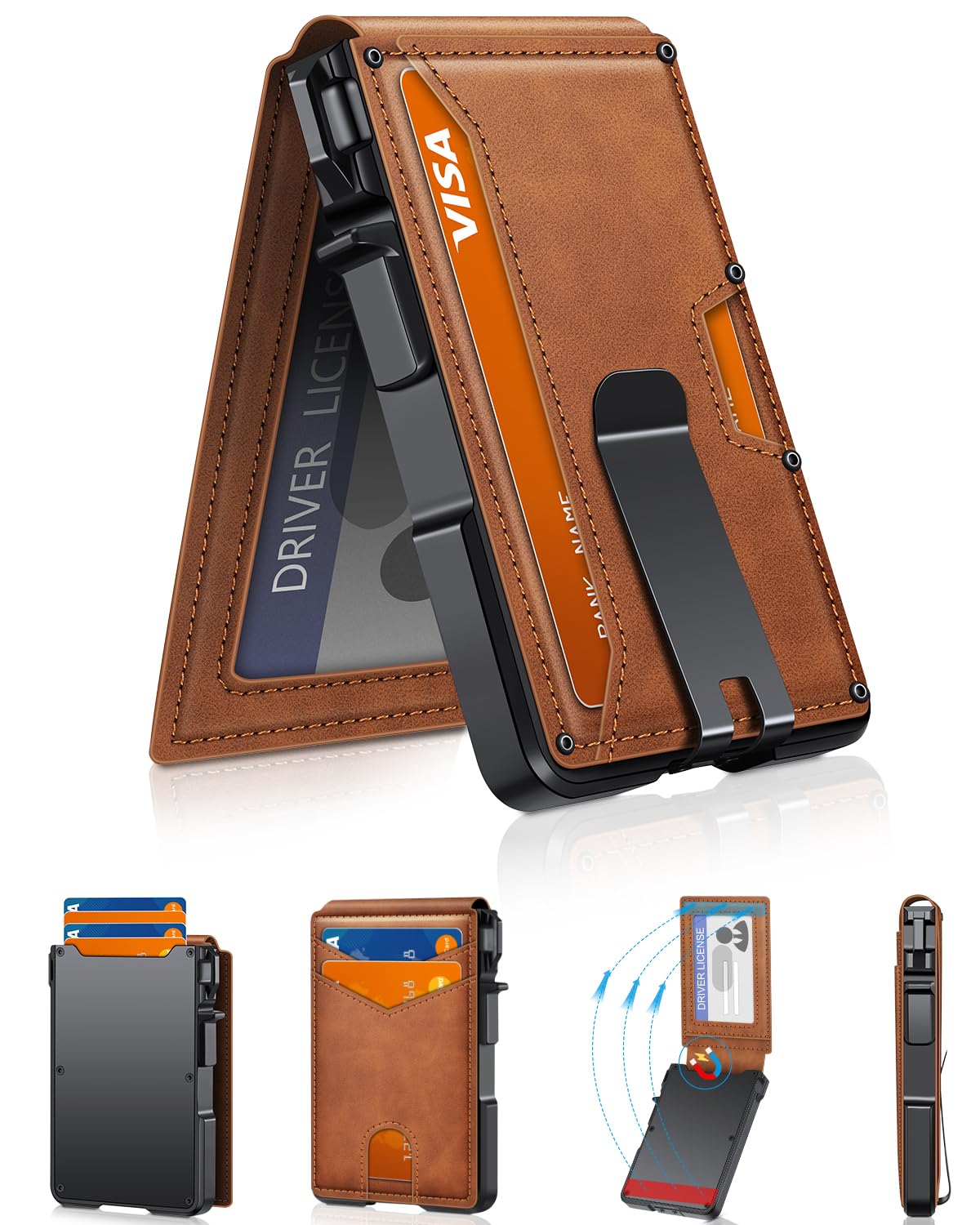 Wallet for Men, Mens Minimalist Wallet 9-13 Cards, Slim Compact Wallet with Money Clip & ID Window, RFID Blocking Smart Pop Up Card Wallet, Metal Aluminum Credit Card Holder Bifold Wallet