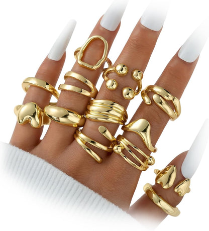 Dodder Gold Stackable Rings Set for Women, Gold Plated Chunky Crystal Finger Midi Stacking Rings, Dainty Statement Thumb Knuckle Rings Pack for Gift, Multiple Sizes Jewelry
