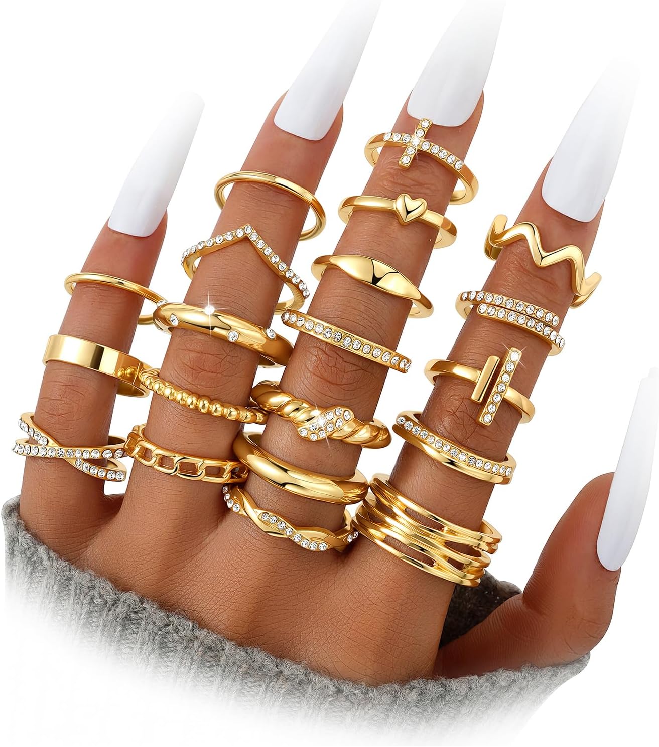 Dodder Gold Stackable Rings Set for Women, Gold Plated Chunky Crystal Finger Midi Stacking Rings, Dainty Statement Thumb Knuckle Rings Pack for Gift, Multiple Sizes Jewelry