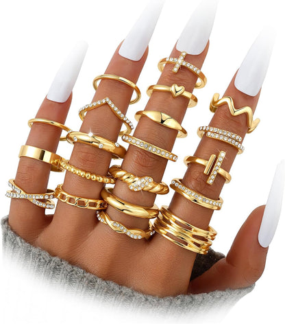 Dodder Gold Stackable Rings Set for Women, Gold Plated Chunky Crystal Finger Midi Stacking Rings, Dainty Statement Thumb Knuckle Rings Pack for Gift, Multiple Sizes Jewelry