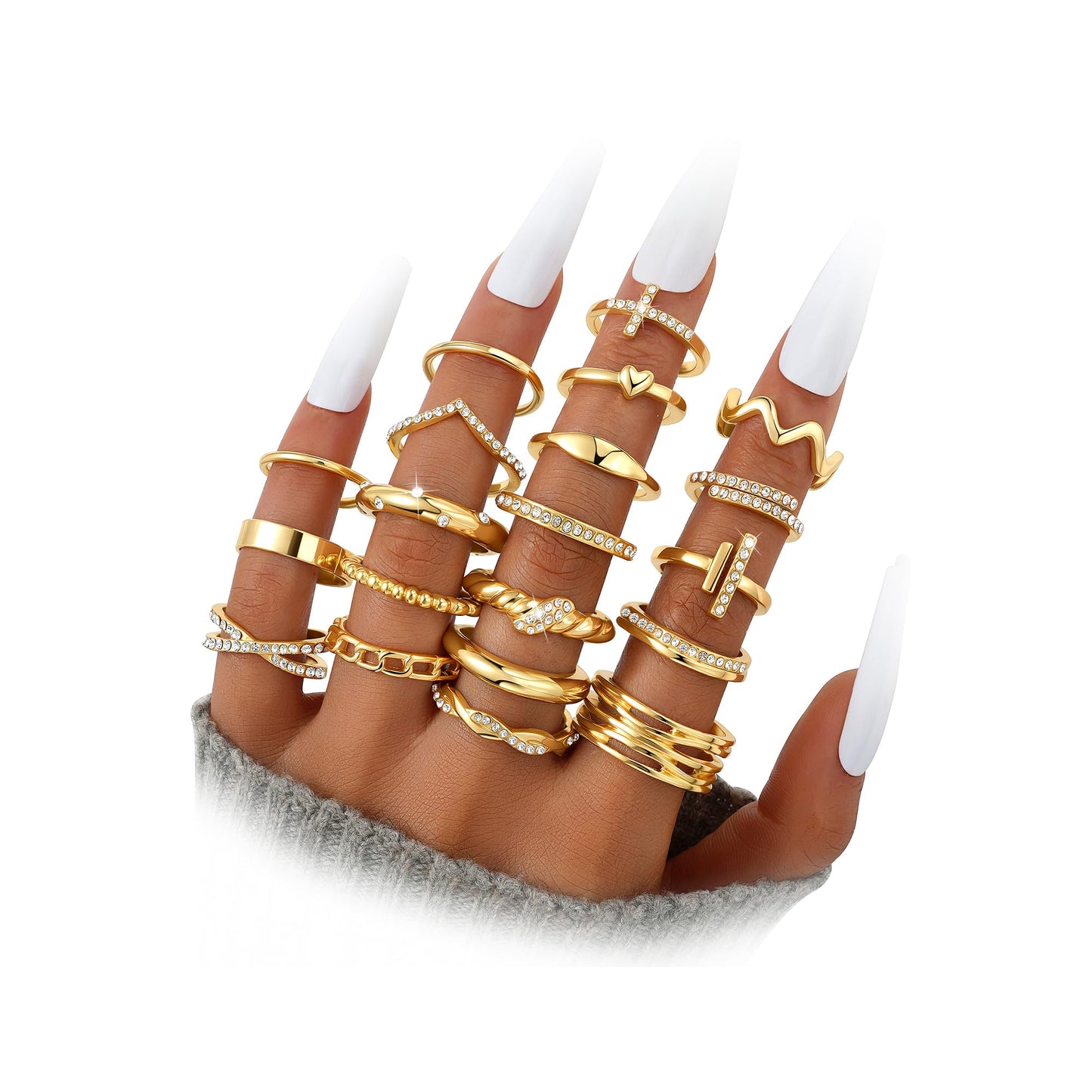 Dodder Gold Stackable Rings Set for Women, Gold Plated Chunky Crystal Finger Midi Stacking Rings, Dainty Statement Thumb Knuckle Rings Pack for Gift, Multiple Sizes Jewelry