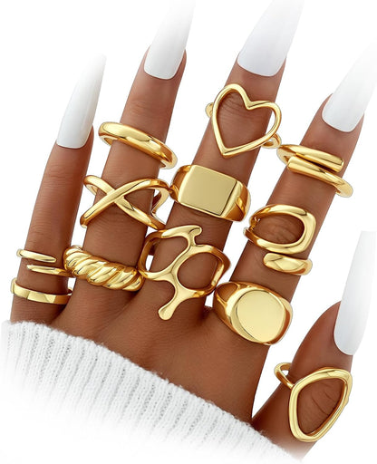 Dodder Gold Stackable Rings Set for Women, Gold Plated Chunky Crystal Finger Midi Stacking Rings, Dainty Statement Thumb Knuckle Rings Pack for Gift, Multiple Sizes Jewelry