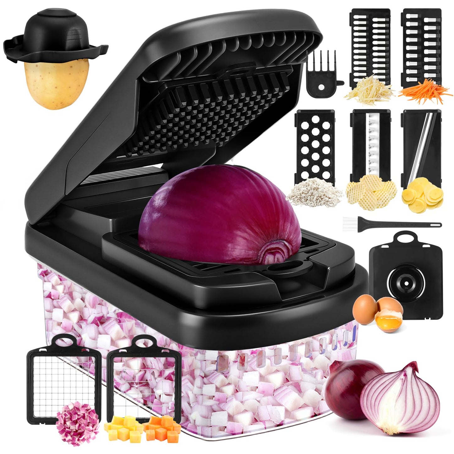 Vegetable Chopper,12-in-1 Multifunctional Food Chopper,Professional Onion Chopper with 7 Blades,Vegetable Cutter with Container for Salad,Potato,Carrot,and Garlic; Essential Kitchen Tool(Grey)