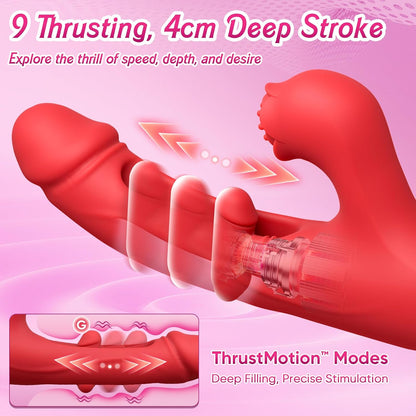 Internal Thrusting Realistic Dildo for Women, Rabbit Vibrator, G-Spot Dildo | Dual-motor rabbit dildo with clitoral stimulation, rose-inspired design, and 9 thrusting & vibration modes.