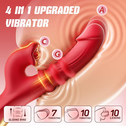Thrusting Vibrator for Women, G Spot & Rabbit Sex Toy | 7 Thrusting Dildo Modes 10 Tongue Licking Vibration, Sliding Ring Stimulation, Soft Silicone, USB Rechargeable, AI Sync Game