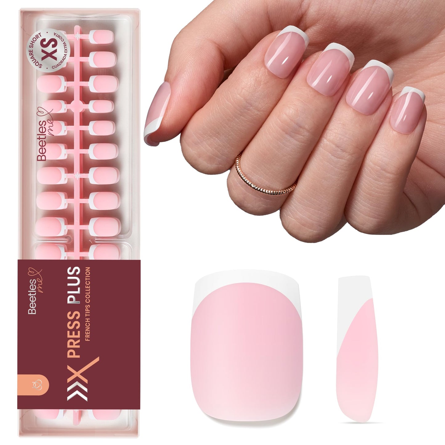 Beetles French Tips Press On Nails: 150 Pcs Pink Short Square Press On Nails Fake Nail Tips, Reusable Acrylic Gel Nail False Nails Art DIY Gifts For Women