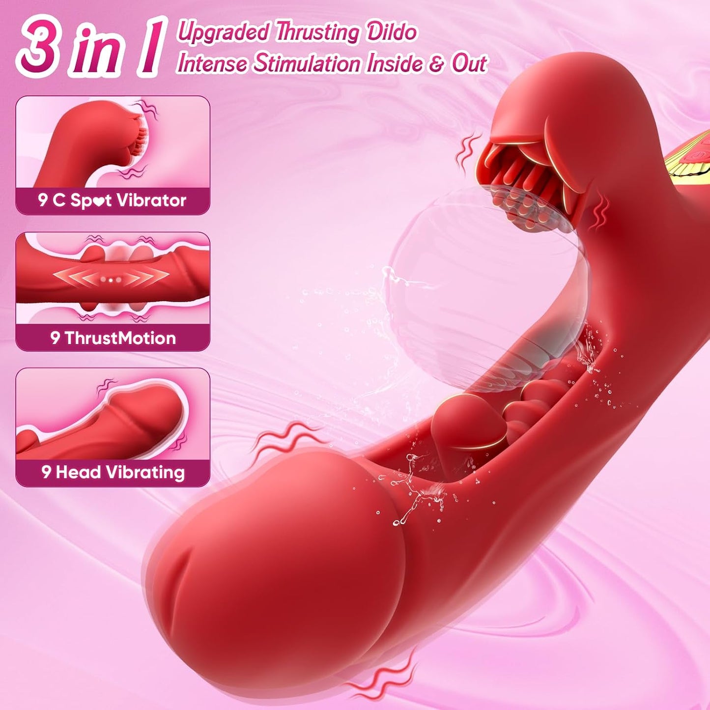 Internal Thrusting Realistic Dildo for Women, Rabbit Vibrator, G-Spot Dildo | Dual-motor rabbit dildo with clitoral stimulation, rose-inspired design, and 9 thrusting & vibration modes.