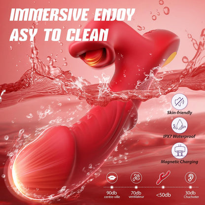 Thrusting Vibrator for Women, G Spot & Rabbit Sex Toy | 7 Thrusting Dildo Modes 10 Tongue Licking Vibration, Sliding Ring Stimulation, Soft Silicone, USB Rechargeable, AI Sync Game