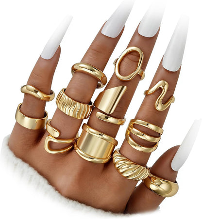 Dodder Gold Stackable Rings Set for Women, Gold Plated Chunky Crystal Finger Midi Stacking Rings, Dainty Statement Thumb Knuckle Rings Pack for Gift, Multiple Sizes Jewelry