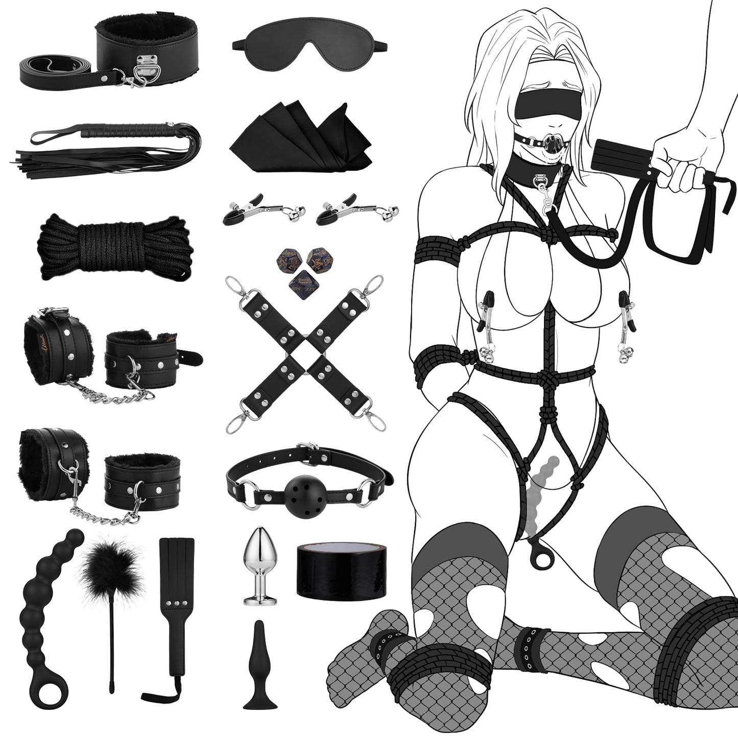 Sex Bondage BDSM Kit Restraints - Upgrade Restraint Sets with Adjustable Handcuffs Collar Ankle Cuff Dice Beads Anal Plug Adult Games Sex Toys for Men Women and Couples Foreplay | 17PCS