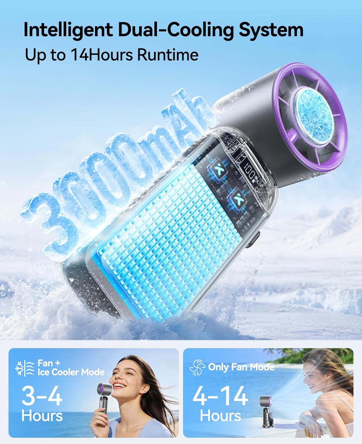 Handheld Portable Turbo Fan with Ice Cooler, Powerful 21000 RPM, Speed (1-199), Up to 14Hrs Cooling, Rechargeable Personal Fan, Small Pocket Hand Fans for Travel/Outdoor/Home/Office (Grey)