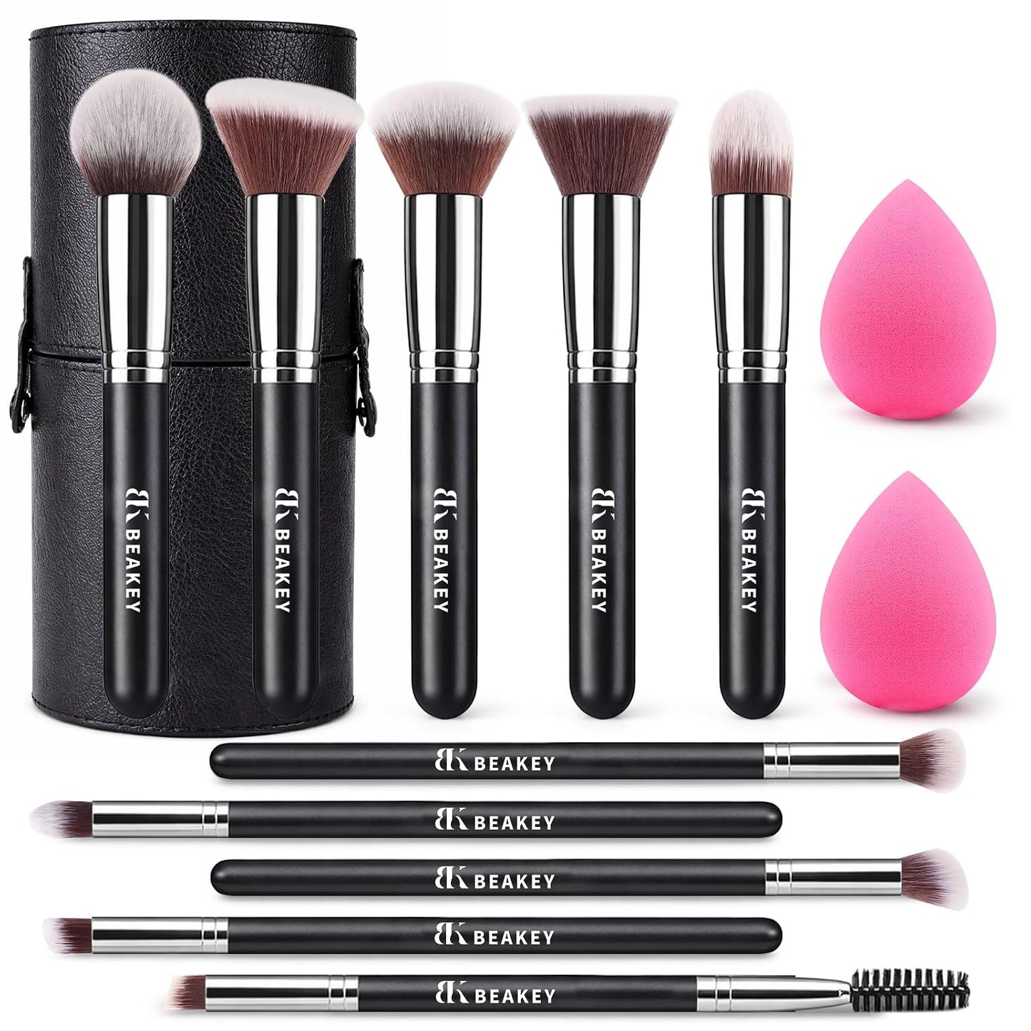BEAKEY Makeup Brushes Set, Professional Foundation Eyeshadow Concealer Blush Powder Bronzer Applicator, 2 Blender Sponge with Beauty Paper Case
