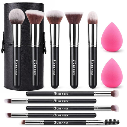 BEAKEY Makeup Brushes Set, Professional Foundation Eyeshadow Concealer Blush Powder Bronzer Applicator, 2 Blender Sponge with Beauty Paper Case