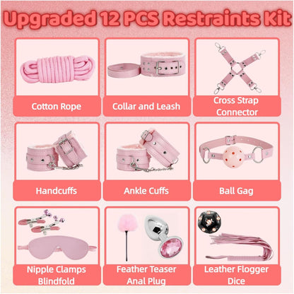 Sex Bondage Restraint Kits BDSM Toys 12 Pcs Handcuffs Ankle Cuffs Anal Plug Nipple Clamps Ball Gag Blindfold Rope Leather Restraints Set Adjustable for Adult Beginners (Pink)
