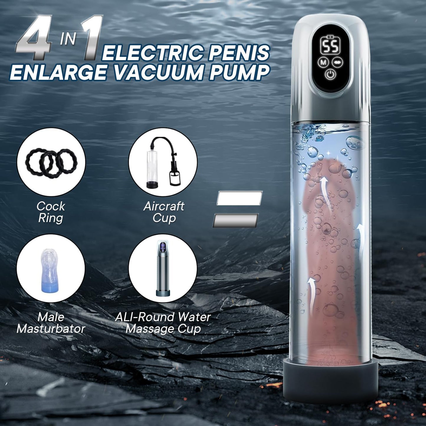 Electric Penis Pump, Automatic Male Masturbator with Mini Pocket Pussy and 3 Penis Ring, Adult Sex Toys for Men Dick Enlarger Erection, Air Water Extender with 4 Training Pressure and 5 Suction Modes