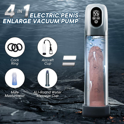 Electric Penis Pump, Automatic Male Masturbator with Mini Pocket Pussy and 3 Penis Ring, Adult Sex Toys for Men Dick Enlarger Erection, Air Water Extender with 4 Training Pressure and 5 Suction Modes