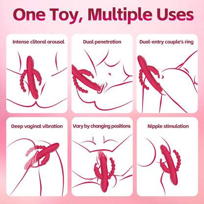 Rabbit G Spot Dildo Vibrator Adult Sex Toys for Women, 3 in 1 Vaginal Anal Beads Clitoris Double 10 Vibration Modes Silicone Nipple Stimulator Massager for Female Couple Play & Games (Rose Red)