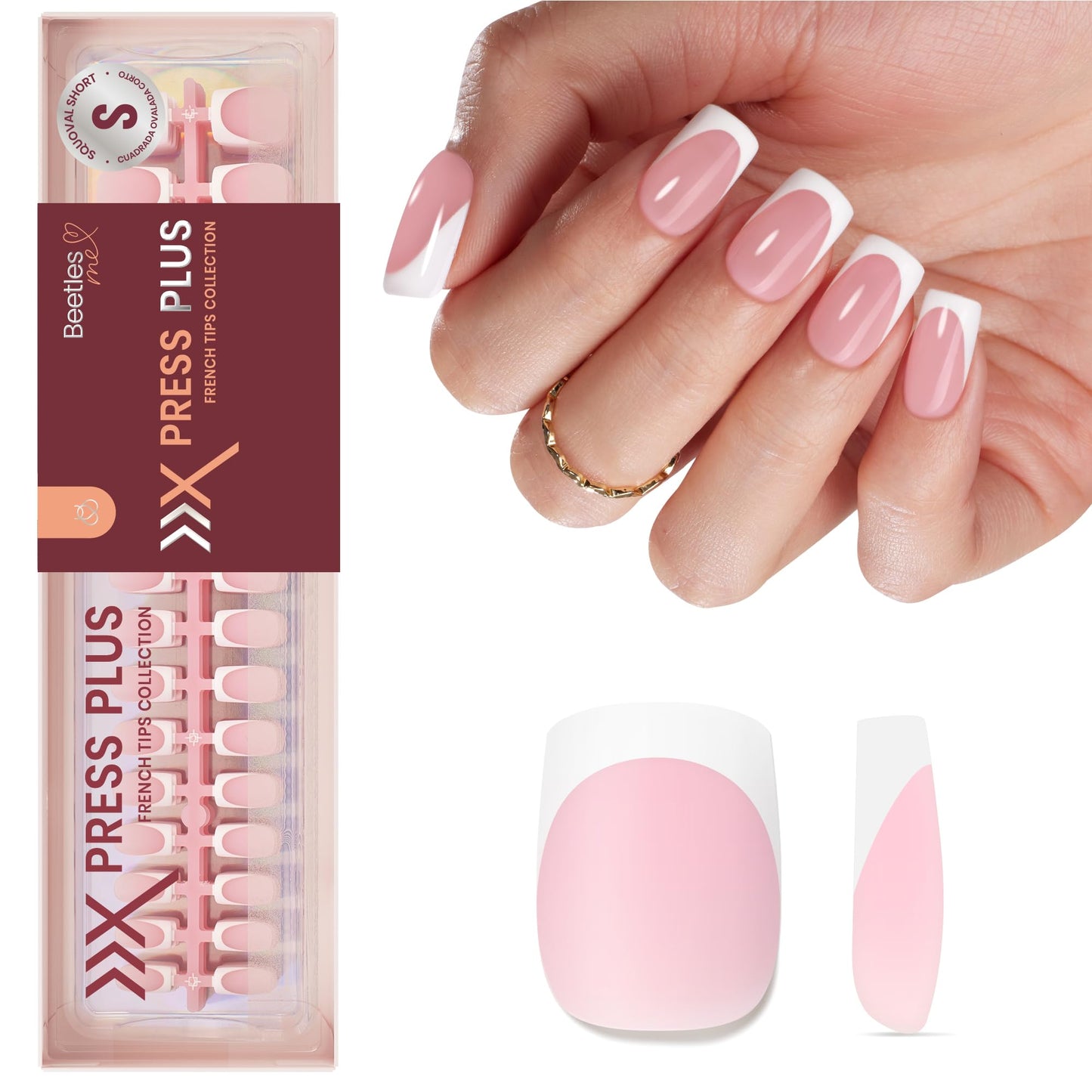 Beetles French Tips Press On Nails: 150 Pcs Pink Short Square Press On Nails Fake Nail Tips, Reusable Acrylic Gel Nail False Nails Art DIY Gifts For Women