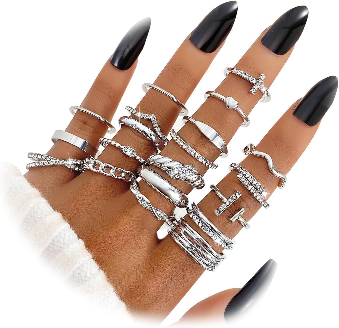 20Pcs Stackable Rings for Women, Gold Black Silver Knuckle Ring Set, Dainty Chunky Statement Rings for Daily Wear Party Wedding Travel