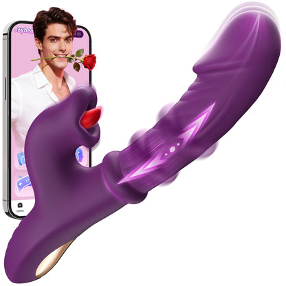 Thrusting Vibrator for Women, G Spot & Rabbit Sex Toy | 7 Thrusting Dildo Modes 10 Tongue Licking Vibration, Sliding Ring Stimulation, Soft Silicone, USB Rechargeable, AI Sync Game