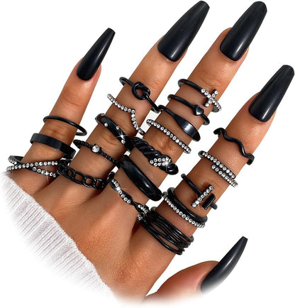 20Pcs Stackable Rings for Women, Gold Black Silver Knuckle Ring Set, Dainty Chunky Statement Rings for Daily Wear Party Wedding Travel