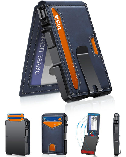Wallet for Men, Mens Minimalist Wallet 9-13 Cards, Slim Compact Wallet with Money Clip & ID Window, RFID Blocking Smart Pop Up Card Wallet, Metal Aluminum Credit Card Holder Bifold Wallet