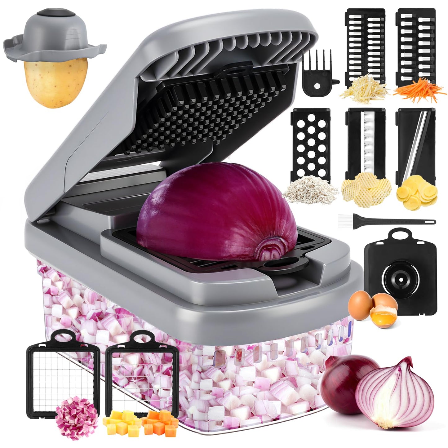 Vegetable Chopper,12-in-1 Multifunctional Food Chopper,Professional Onion Chopper with 7 Blades,Vegetable Cutter with Container for Salad,Potato,Carrot,and Garlic; Essential Kitchen Tool(Grey)