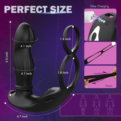 Wearable Thrusting Prostate Massager Anal Vibrator, Strap On Vibrating Anal Toys for Men with Silicone Cock Ring, Hands Free Male Sex Toy Prostate Stimulator with Remote Control and APP