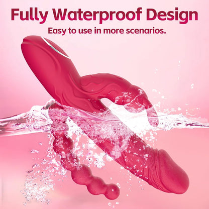 Rabbit G Spot Dildo Vibrator Adult Sex Toys for Women, 3 in 1 Vaginal Anal Beads Clitoris Double 10 Vibration Modes Silicone Nipple Stimulator Massager for Female Couple Play & Games (Rose Red)