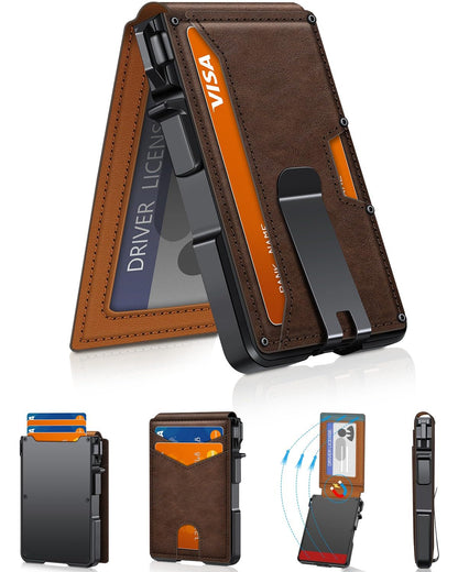 Wallet for Men, Mens Minimalist Wallet 9-13 Cards, Slim Compact Wallet with Money Clip & ID Window, RFID Blocking Smart Pop Up Card Wallet, Metal Aluminum Credit Card Holder Bifold Wallet