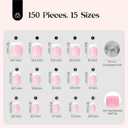 Beetles French Tips Press On Nails: 150 Pcs Pink Short Square Press On Nails Fake Nail Tips, Reusable Acrylic Gel Nail False Nails Art DIY Gifts For Women