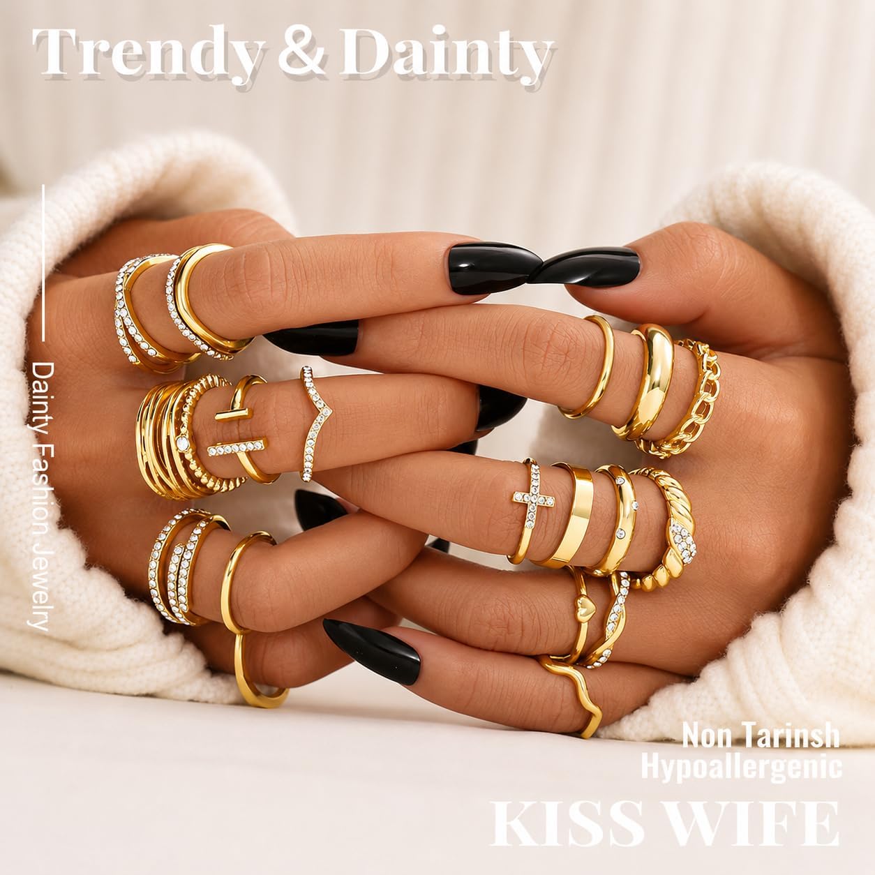 20Pcs Stackable Rings for Women, Gold Black Silver Knuckle Ring Set, Dainty Chunky Statement Rings for Daily Wear Party Wedding Travel