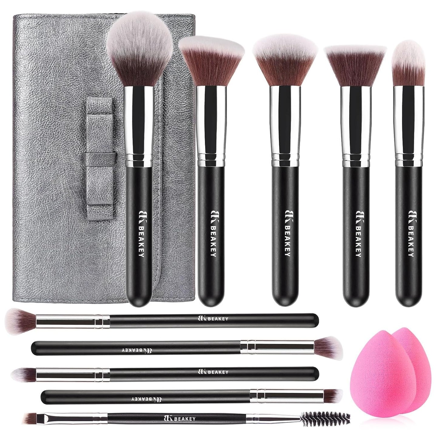 BEAKEY Makeup Brushes Set, Professional Foundation Eyeshadow Concealer Blush Powder Bronzer Applicator, 2 Blender Sponge with Beauty Paper Case