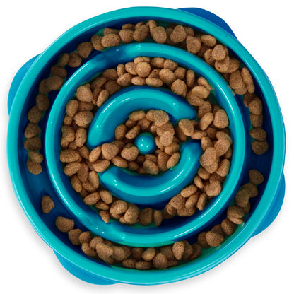 Fun Feeder Slo Bowl – Medium 2‑Cup Capacity, Slow Feeding, Small to Medium Dogs & Cats, Non-Slip, Blue, Notch Pattern