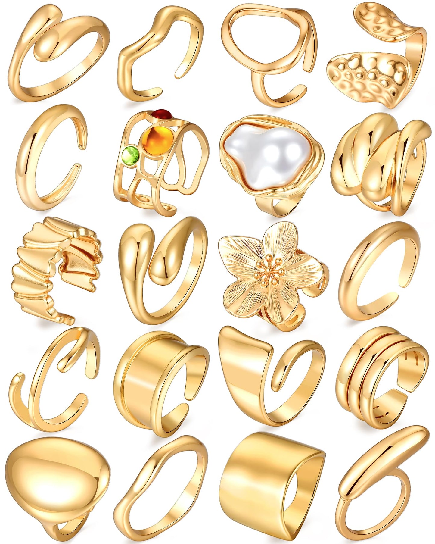 YEEZII 20 Pcs Gold Ring Set for Women, Chunky Statement Flower Finger Midi Rings, Big Boho Stacking Rings Pack Trendy Stuff Jewelry Gift