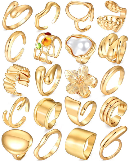 YEEZII 20 Pcs Gold Ring Set for Women, Chunky Statement Flower Finger Midi Rings, Big Boho Stacking Rings Pack Trendy Stuff Jewelry Gift
