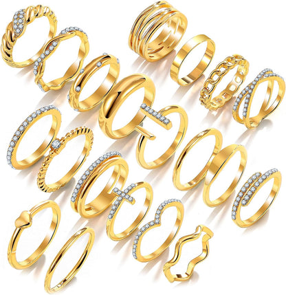 20Pcs Stackable Rings for Women, Gold Black Silver Knuckle Ring Set, Dainty Chunky Statement Rings for Daily Wear Party Wedding Travel