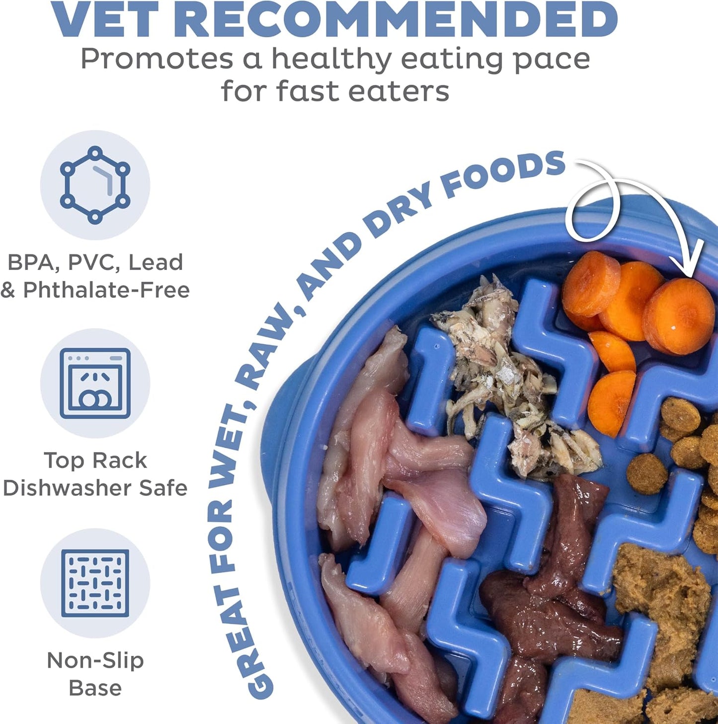 Fun Feeder Slo Bowl – Medium 2‑Cup Capacity, Slow Feeding, Small to Medium Dogs & Cats, Non-Slip, Blue, Notch Pattern